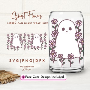 Ghost Flowers Svg, Floral Ghost Svg, 16oz Libbey Can Glass Svg, Halloween Glass Can Svg, Cute Ghost Svg, Spooky Season Svg, Pastel Halloween