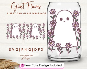 Ghost Flowers Svg, Floral Ghost Svg, 16oz Libbey Can Glass Svg, Halloween Glass Can Svg, Cute Ghost Svg, Spooky Season Svg, Pastel Halloween