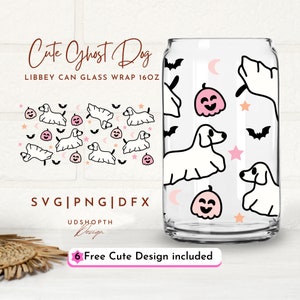 May include: A digital design for a 16oz can glass wrap featuring a cute ghost dog with a pumpkin and bats. The design is available in SVG, PNG, and DFX formats. The text "Cute Ghost Dog" and "6 Free Cute Design included" is also included in the image.