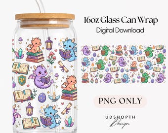 Book Dragon 16oz Glass Can Wrap PNG, Fantasy Dragon Book Libbey Wrap, Cute Reading Dragon PNG, Magical Dragon Cup Wrap, Book Lover Gift
