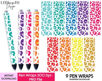 May include: Nine printable pen wraps featuring a leopard print pattern in various colors, including teal, purple, pink, orange, red, yellow, and brown. The wraps are designed for use with standard-sized pens and have a transparent background.