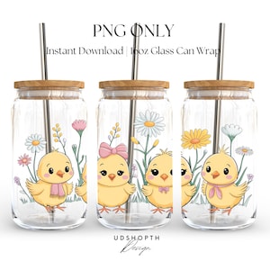 May include: Three 16oz glass can wraps featuring a cute cartoon chick design. Each wrap has a different chick with a pink bow, a scarf, and a yellow ribbon. The chicks are surrounded by flowers and green grass.