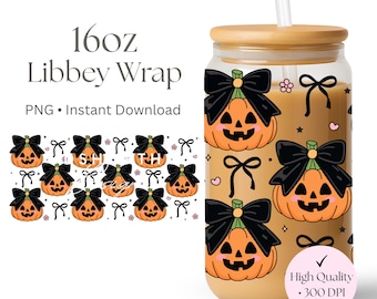Halloween Pumpkin 16oz Glass Can Wrap PNG, Black Bow Coquette Design (Digital Download)