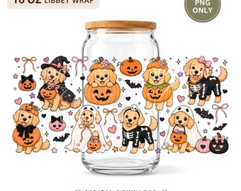 Halloween Golden Retriever Glass Can Wrap PNG, Ghost Dog Pumpkin Design (Digital Download)