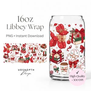 Christmas Balloon Dog Libbey Glass Can Wrap PNG, 16oz Glass Can Wrap, Coquette Bow Book Stack Design, Cozy Christmas Reads Wrap