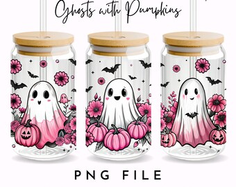 Ghost with Pumpkin 16oz Libbey Glass Can Png file Cup Wrap, Cute Ghost Png, Halloween Png, Cute Halloween Png, Spooky Cute Png, Spooky Png
