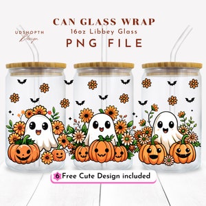 Autumn Pumpkin Ghost 16oz Libbey Glass Cup Wrap Png, Fall Ghost Sublimation Design, Ghost and Pumpkin Png, Cute Spooky Sublimation Design