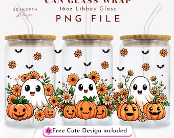 Autumn Pumpkin Ghost 16oz Libbey Glass Cup Wrap Png, Fall Ghost Sublimation Design, Ghost and Pumpkin Png, Cute Spooky Sublimation Design