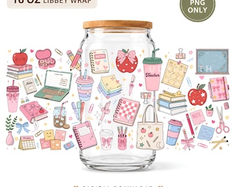 Pink Teacher 16oz Glass Can Wrap PNG, School Supplies Sublimation Design (Digital Download)