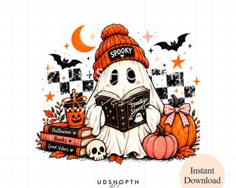 Bookish Ghost Reading PNG, Halloween Books Clipart, Spooky Season Sublimation Design, Cute Pumpkin Ghost Book Lover Digital Download