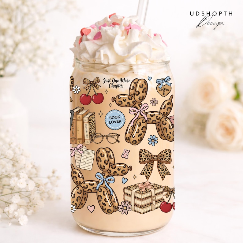 Leopard Balloon Dog Book Lover 16oz Libbey Glass Can Wrap PNG, Coquette Bookish Cup Png, Coffee and Books Wrap, Reader Aesthetic Sublimation image 13