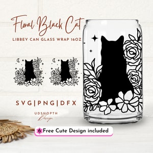 Floral Black Cat Svg, Floral Animal Svg, 16oz Libbey Can Glass Svg, Cat With Flower, Wildflower Cat, Floral Cat Outline Svg, Cat Lover Gift