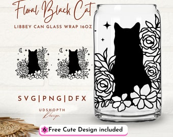Floral Black Cat Svg, Floral Animal Svg, 16oz Libbey Can Glass Svg, Cat With Flower, Wildflower Cat, Floral Cat Outline Svg, Cat Lover Gift