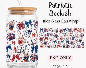 Patriotic Bookish 16oz Glass Can Wrap PNG (Digital Download)