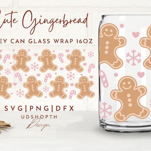 Gingerbread Man Beer Can Glass Svg, 16oz Libbey Full Wrap Svg, Pink Christmas Svg, Winter Holiday Svg, Cute Xmas Svg, Libbey Template