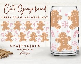 Gingerbread Man Beer Can Glass Svg, 16oz Libbey Full Wrap Svg, Pink Christmas Svg, Winter Holiday Svg, Cute Xmas Svg, Libbey Template
