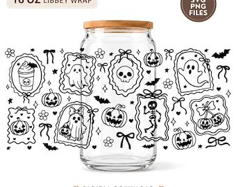 Halloween Frame 16oz Libbey Glass Can Wrap SVG, Ghost Coquette Png, Preppy Halloween Spooky Ghost Skull Pumpkin Cup Wrap, Spooky Season Png