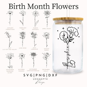 K&ouml;nnte beinhalten: Ein schwarz-wei&szlig;es Grafikdesign mit einer Blume f&uuml;r jeden Monat des Jahres. Die Blumen sind mit dem Monat und dem Namen der Blume beschriftet. Das Design ist perfekt f&uuml;r ein Geburtstagsgeschenk oder ein Heimdekorationsprojekt.