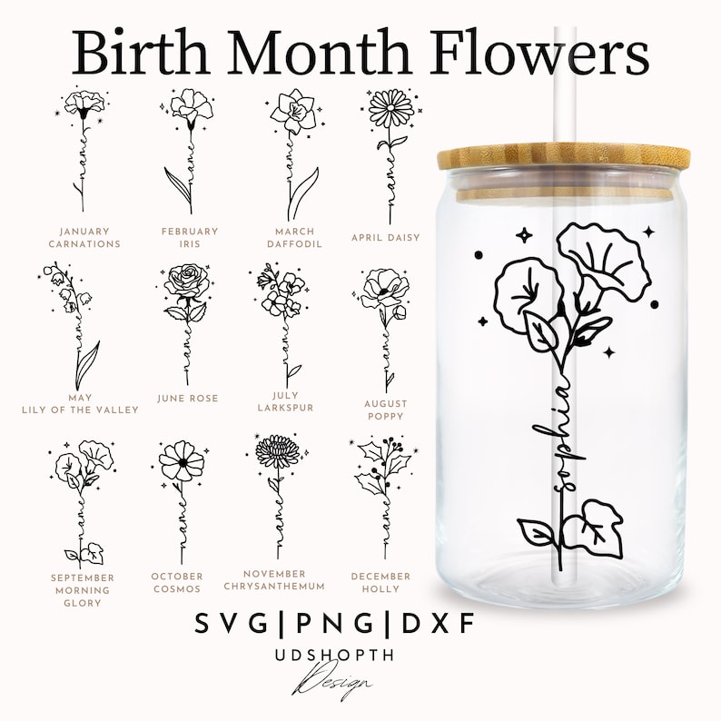 K&ouml;nnte beinhalten: Ein schwarz-wei&szlig;es Grafikdesign mit einer Blume f&uuml;r jeden Monat des Jahres. Die Blumen sind mit dem Monat und dem Namen der Blume beschriftet. Das Design ist perfekt f&uuml;r ein Geburtstagsgeschenk oder ein Heimdekorationsprojekt.
