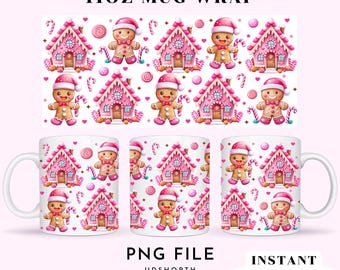 Cute Pink Christmas Gingerbread Png, 11oz Mug Wrap Sublimation Wrap, Gingerbread House Mug Png, Christmas Coffee Cup Wrap Digital Download