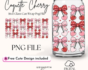 Nastro di San Valentino Coquette Cherry Pink 16oz Libbey Glass Can Wrap Png, San Valentino Coquette, Valentine Cherry Cup Wrap Design Download digitale