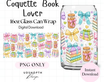 Coquette Book Lover 16oz Glass Can Wrap PNG, Pastel Books Bows (Digital Download)