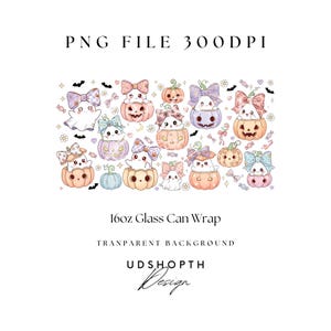 May include: A collection of watercolor illustrations featuring cute ghosts and cats inside pumpkins, with bows and bats. The text reads "PNG FILE 300 DPI" and "16oz Glass Can Wrap". The design has a transparent background.