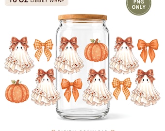 Ghost Pumpkin Glass Can Wrap PNG, 16oz Libbey Halloween Design (Digital Download)
