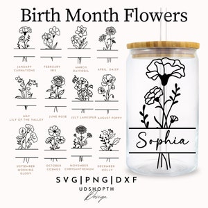 Geburt Monat Blumenrahmen SVG, 16 Unzen Libbey Wrap SVG, botanische svg, Wildblumen svg, Blumen svg, Geburtsblumen svg, Blumenstrauß, Blumen svg