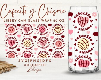 Cafecito Y Chisme Bierdose Glas Svg, 20oz Libbey Full Wrap Svg, Concha Mexikanische Pan Dulce Svg, Pink Love Kaffee Svg, Libbey Vorlage