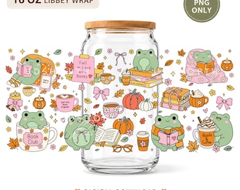 Cozy Frog Reader 16oz Glass Can Wrap PNG, Autumn Book Lover Libbey Wrap (Digital Download)