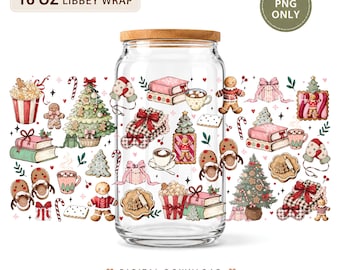 Christmas Book Lover Glass Can Wrap PNG, Gingerbread Tree Design (Digital Download)