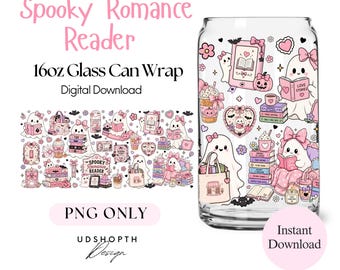 Spooky Romance Reader Glass Can Wrap PNG, Pink Halloween Bookish Ghost Design (Digital Download)