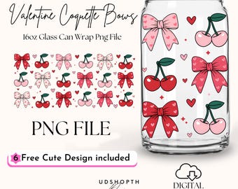 Valentine Cherry Coquette Bows 16oz Libbey Glass Can Wrap Png, Valentine Coquette, Valentine Cherry Png Cup Wrap Design Download digitale