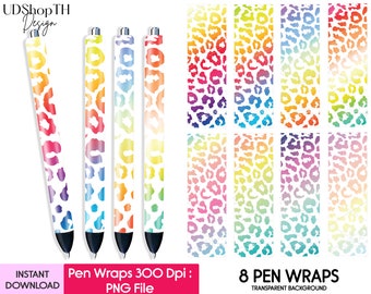 May include: Eight printable pen wraps with a rainbow ombre leopard print design. The wraps are 300 dpi and have a transparent background.