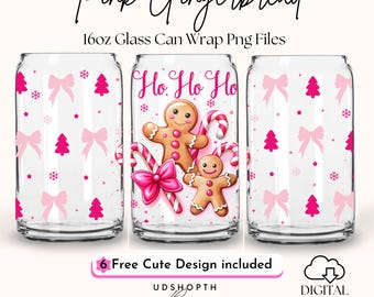 Ho Ho Ho Pink Gingerbread 16oz Libbey Glass Can Wrap Png, Gingerbread Beer Can Glass, Pink Christmas Gingerbread Cup Wrap Digital Download