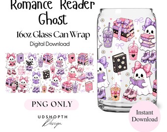Romance Reader Ghost 16oz Glass Can Wrap PNG, Pastel Coquette Book Lover Design (Digital Download)