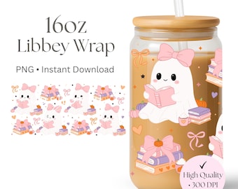 Bookish Ghost Halloween 16oz Can Wrap PNG, Pink Bow Reader Design (Digital Download)