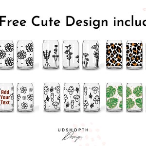 May include: Six free cute designs for can coolers. The designs include flowers, mushrooms, leaves, and leopard print. The text "Add Your Text" is included on one of the designs.
