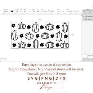 May include: Black and white digital design featuring a pattern of pumpkins and flowers. The design is perfect for fall-themed crafts and projects.
