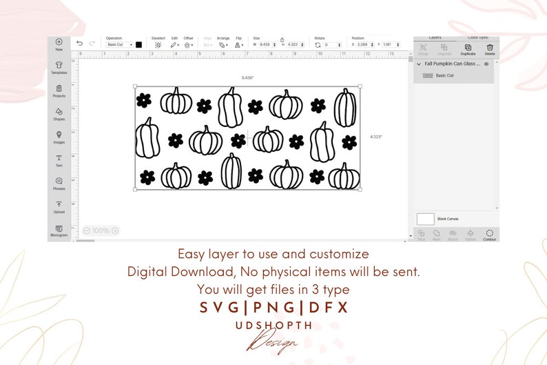 May include: Black and white digital design featuring a pattern of pumpkins and flowers. The design is perfect for fall-themed crafts and projects.