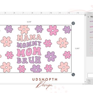 Puede incluir: Un dise&ntilde;o digital con el texto "Mama Mommy Mom Bruh" en un estilo de fuente retro. El texto est&aacute; rodeado de flores rosas y moradas con centros blancos.