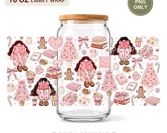 Cozy Christmas Book Lover 16oz Libbey Glass Can Wrap PNG, Gingerbread Reader (Digital Download)