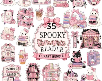 35 Spooky Romance Reader Clipart Bundle PNG | Pink Halloween Bookish Merch Clipart | Ghost Reader Coquette | Commercial Use