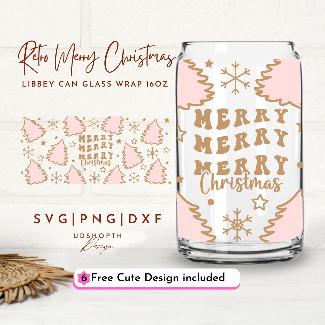 Retro Merry Christmas Can Glass Svg, 16oz Libbey Full Wrap Svg, Pink ...