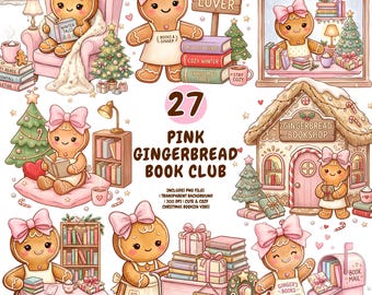 Pink Gingerbread Book Club PNG Bundle, Christmas Bookish Clipart, Christmas Bookstore (Digital Download)