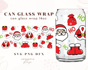Weihnachtsmann Kanne Glas Wraps SVG, Christmas Can Wraps SVG, Weihnachten Glas Bierdose, Tassen wrap für Libbey 16oz, Kaffeeglas, Bierglas SVG