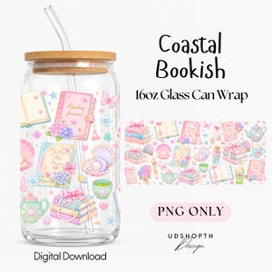 Kustnära bokliknande 473 ml glasburk, snäckskalsbokstapel PNG (digital nedladdning)