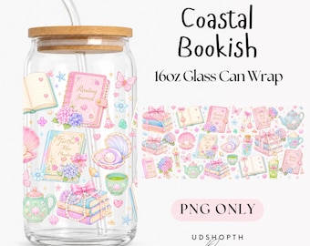 Coastal Bookish 16oz Glass Can Wrap, Seashell Book Stack PNG (Digital Download)