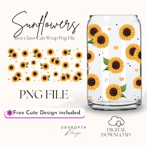 Sunflowers 16oz Libbey Glass Can Wrap Png, Floral Coffee Glass Can Wrap Png, Sunflower Png, Sunflower Glass Cup Wrap Design Digital Download